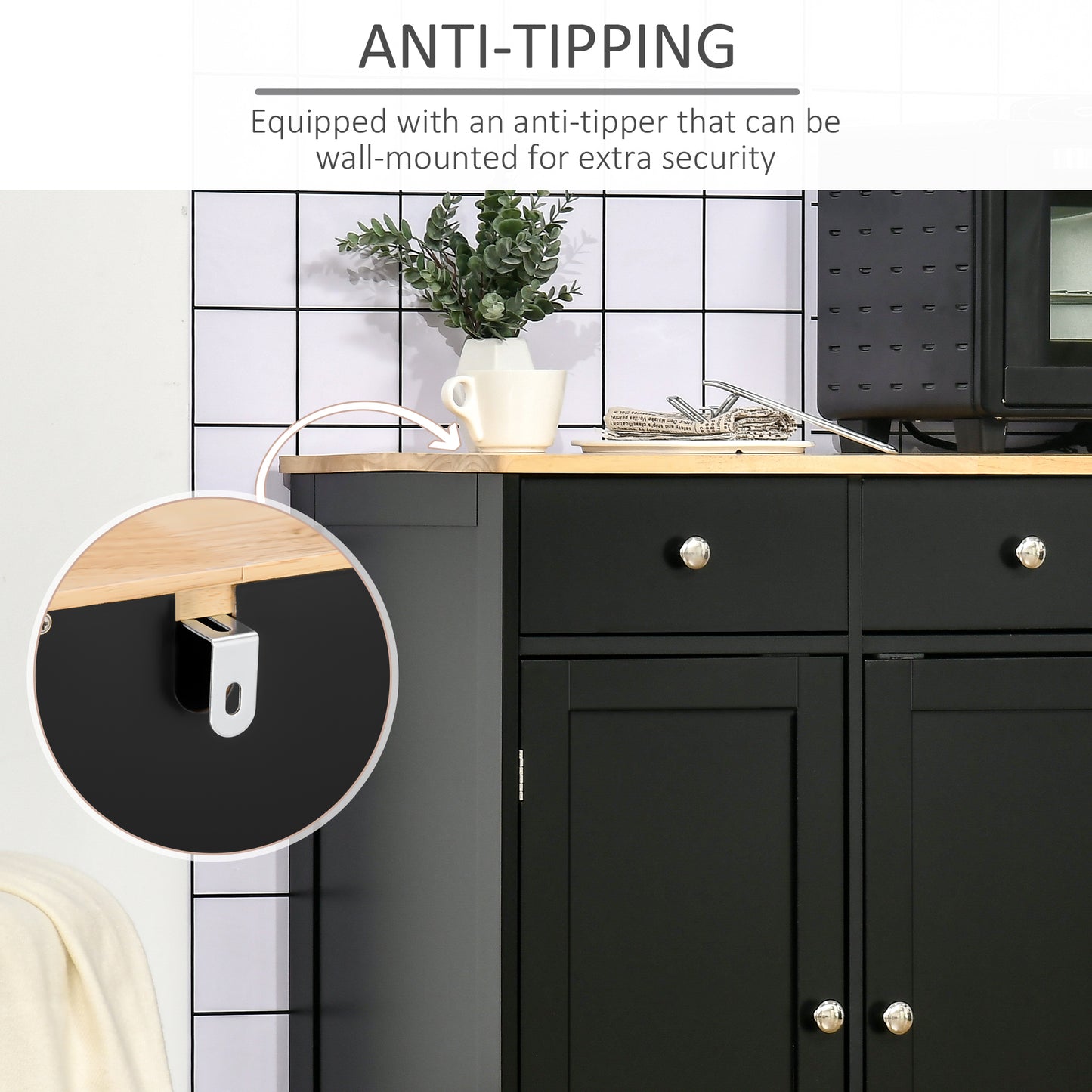 Sideboard with Rubberwood Top and Adjustable Shelves for Dining Room, Kitchen - Black