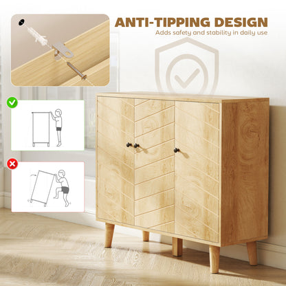 Vintage Sideboard with Chevron Doors and Pine Wood Legs for Living Room, Kitchen