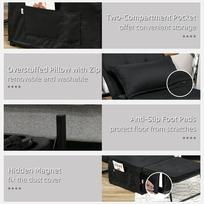 Fabric Sleeper Chair, Folding Chair Bed with Adjustable Backrest, Pillow, Side Pockets for Living Room, Black