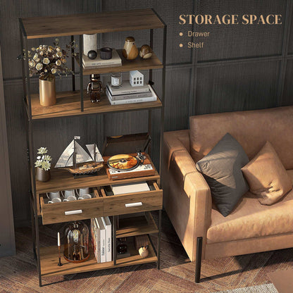 Retro Style  Seven-Shelf Industrial Display Shelf, with Drawers - Brown/Black