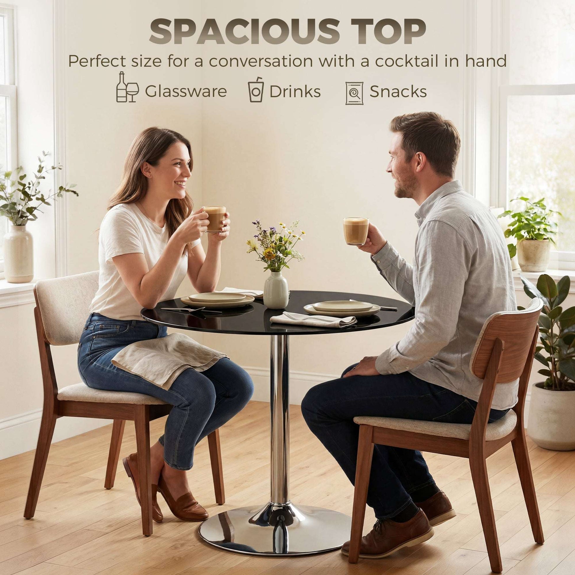 Round Bistro Dining Table | 8mm Tempered Glass Top | Steel Frame | Non-Slip Foot | Ø80x77cm | 20kg | Black