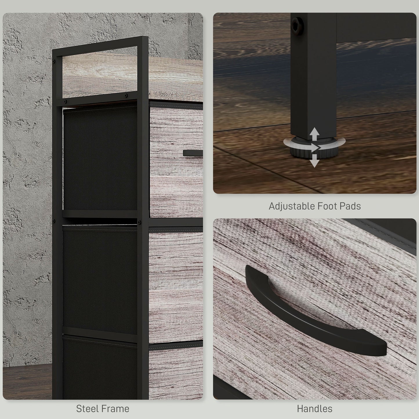 Retro Style Rustic Chest of Four Fabric Drawers - Grey Wood Effect