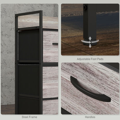 Retro Style Rustic Chest of Four Fabric Drawers - Grey Wood Effect