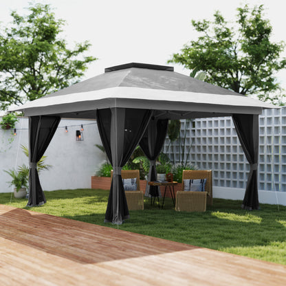 3.6x3.6m Pop Up Gazebo | UPF50+ Canopy | Removable Mesh Walls | 8 Drainage Holes | 3 Height Settings | Windproof Level 4-5 | Snow Rated | Sandbags Guy Ropes Ground Stakes | Wheeled Bag | Shades 8-12 People | Grey