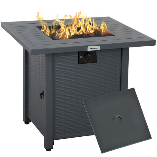 Rattan-style Propane Gas Fire Pit Table with 40,000 BTU Burner, Square Smokeless Firepit Patio Heater with Thermocouple, Lava Rocks, Grey