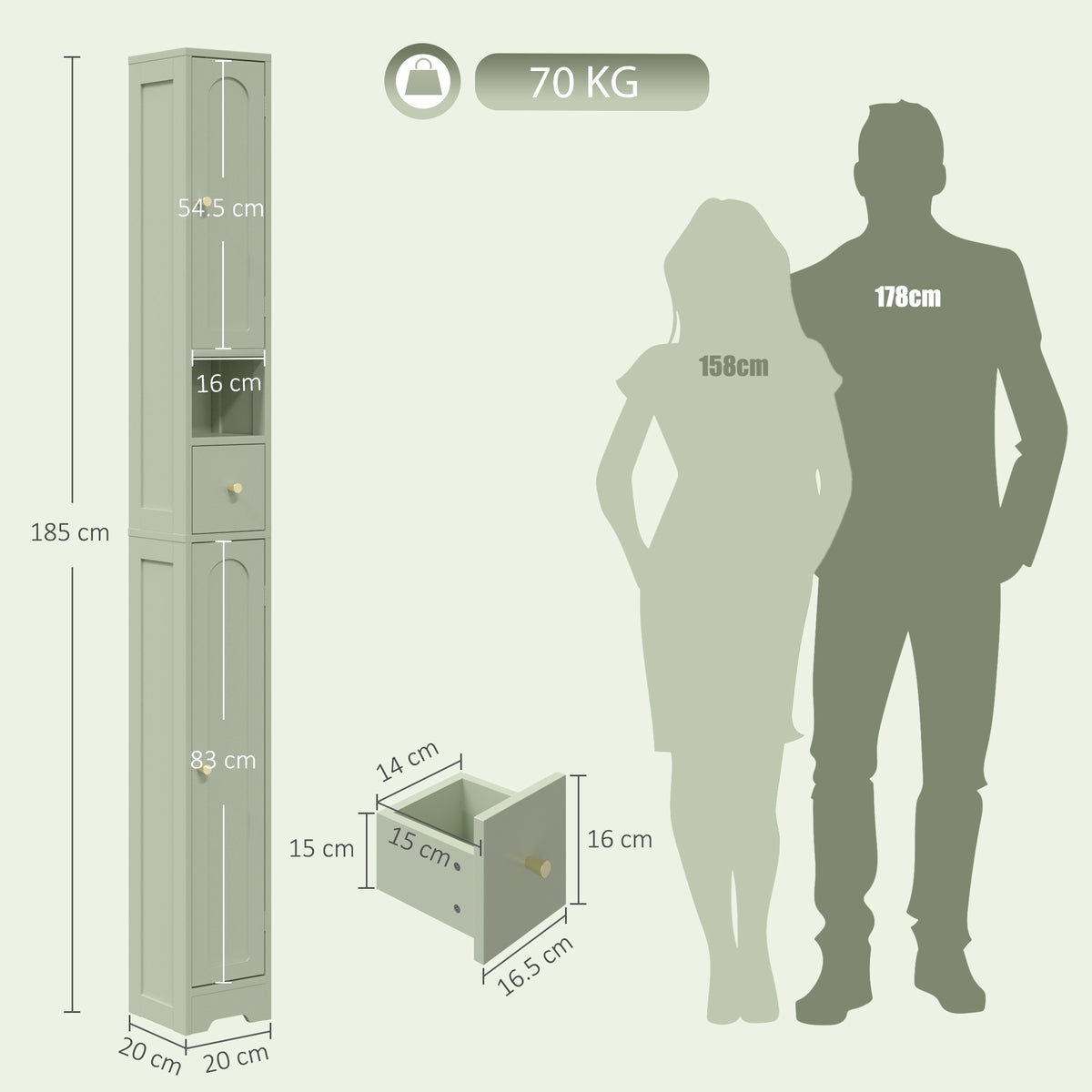 Slim Tall Bathroom Cabinet | 185H x 20W x 20D cm | 2 Arched Doors, Drawer & Adjustable Shelves | Light Green