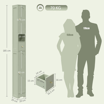 Slim Tall Bathroom Cabinet | 185H x 20W x 20D cm | 2 Arched Doors, Drawer & Adjustable Shelves | Light Green