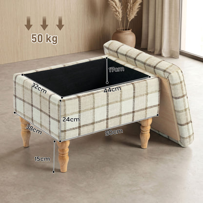 Storage Ottoman Footstool | Flip-Lid Tray Table | 24L Hidden Storage | Plaid Linen-Look Fabric | Rubberwood Legs | 120kg Capacity | 50 x 38 x 39cm | Brown