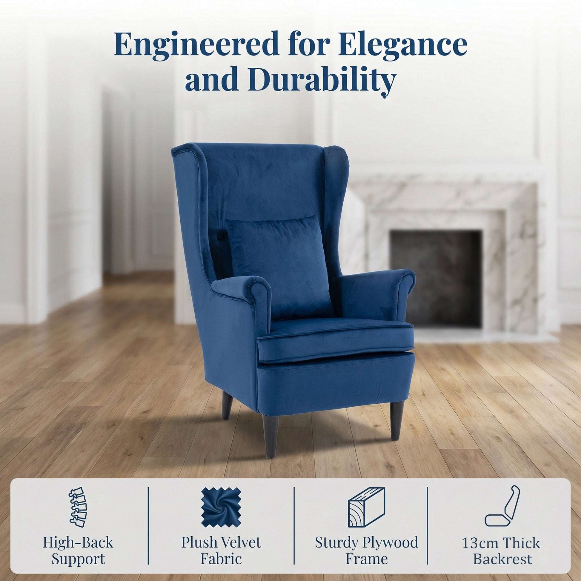 Velvet Wingback Accent Chair | 70cm High Back | Removable Washable Pillow Cover | Thick Sponge Seat | Solid Wood Legs | Non-Slip Pads | 120kg Capacity | 75x83x104cm | Blue