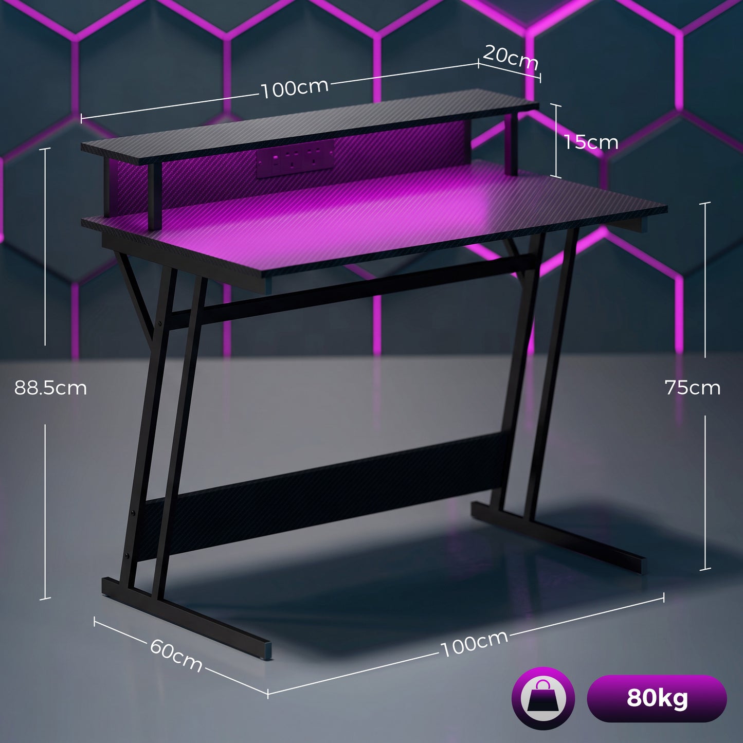 RGB LED Gaming Desk | 16 Colours & 4 Modes | 2 Power Outlets | USB & USB-C | 15cm Monitor Shelf | Z-Frame | 80kg | 100x60x88.5cm | Black
