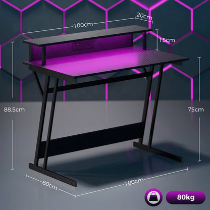 RGB LED Gaming Desk | 16 Colours & 4 Modes | 2 Power Outlets | USB & USB-C | 15cm Monitor Shelf | Z-Frame | 80kg | 100x60x88.5cm | Black