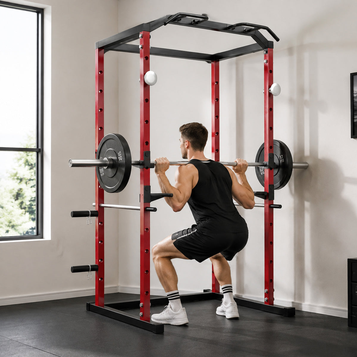 SPORTNOW Power Tower | Adjustable Squat Rack | Red & Black Steel | 160x112x215cm | 460kg Max Load | 11 Height Levels | Pull-Up Bar | Dip Station | Safety Arms | Plate Storage | Home Gym Strength Training