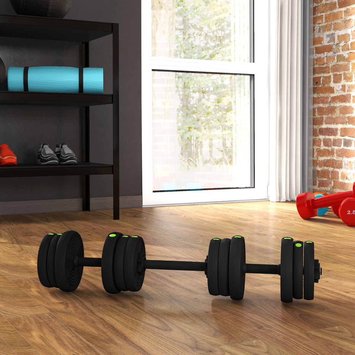 SPORTNOW 2-in-1 Adjustable Barbell & Dumbbell Set | Black & Green | Steel Plastic Sand | 19kg Plates | 4x2kg 4x1.5kg 4x1.25kg | 105cm Barbell | Non-Slip Grips | Home Gym