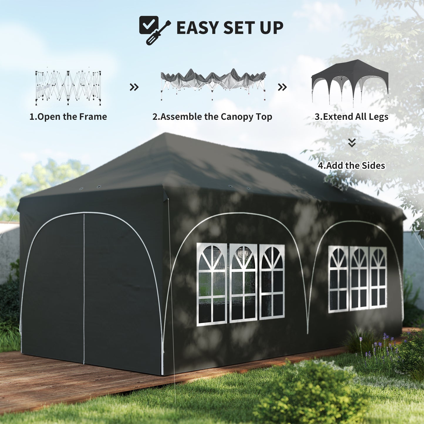 3x6m Pop Up Gazebo | UPF30+ 210D Oxford | Peak Top | 6 Sidewalls | 4 Windows | 2 Zip Doors | 6 Sandbags | 15-20 People | Wind Level 4-6 | Dark Grey