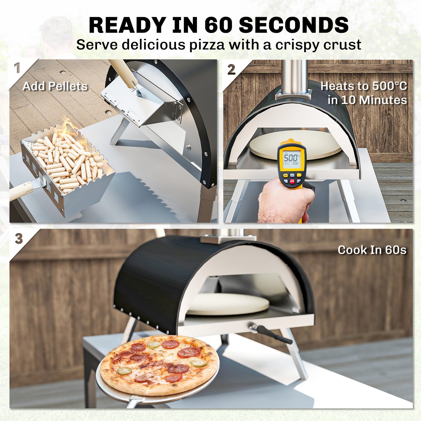 Wood-Fired Outdoor Pizza Oven | 500°C in 10 Mins | Rotating Stone | Peel Included | Foldable Legs | Black