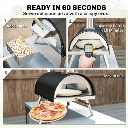 Wood-Fired Outdoor Pizza Oven | 500°C in 10 Mins | Rotating Stone | Peel Included | Foldable Legs | Black