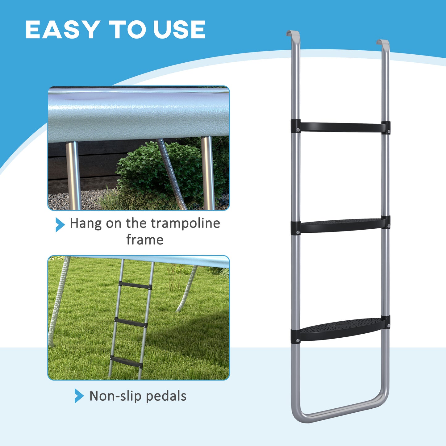 Galvanised Steel Trampoline Ladder, 2 Steps/3 Steps Outdoor Trampoline Accessories for 6ft, 8ft, 10ft, 12ft, 13ft, 14ft, 16ft Trampoline, 110L x 32Wcm,