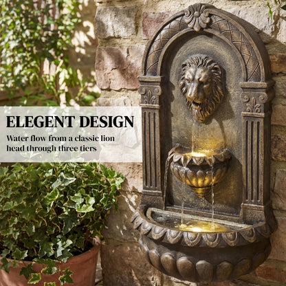Wall-Mounted 3-Tier Lion Head Resin Waterfall Fountain | Warm LED Backlighting | Hand-Painted Weathered Stone Look | 3-Speed Adjustable Pump | 5W | 230V | 3m Cable | 41x23x79cm | Patio & Garden | Rustic Brown