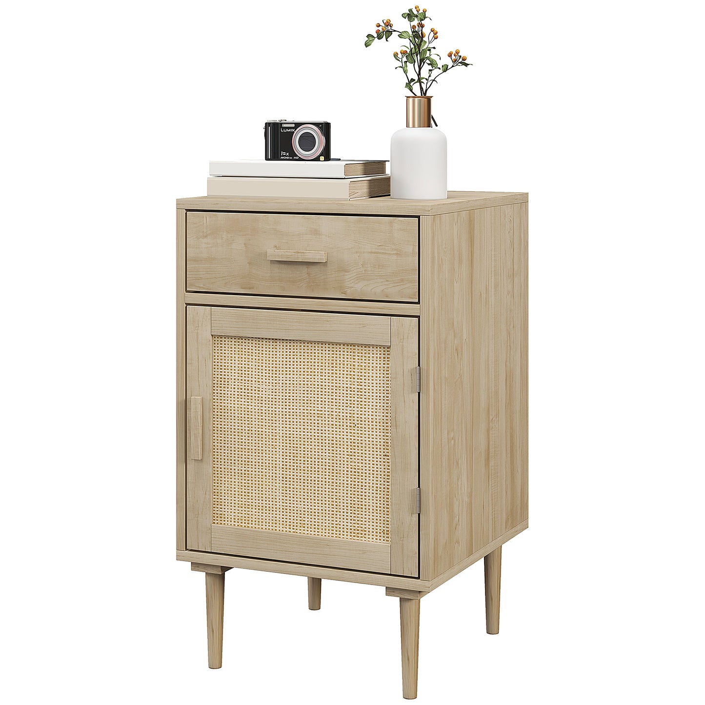 Bedside Table, Rattan Side Tables W/ Drawer, Cabinet And Adjustable Shelf,  Bedside Storage For Bedroom, Living Room, Natural Wood Effect