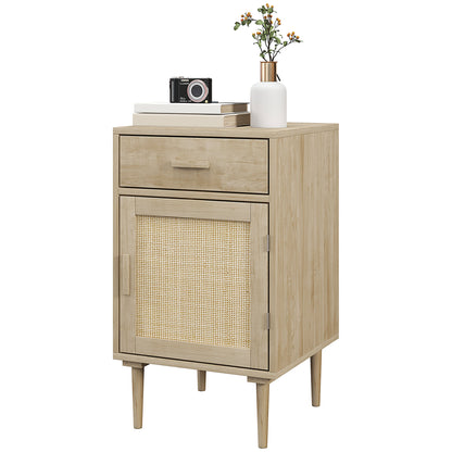 Bedside Table, Rattan Side Tables W/ Drawer, Cabinet And Adjustable Shelf,  Bedside Storage For Bedroom, Living Room, Natural Wood Effect