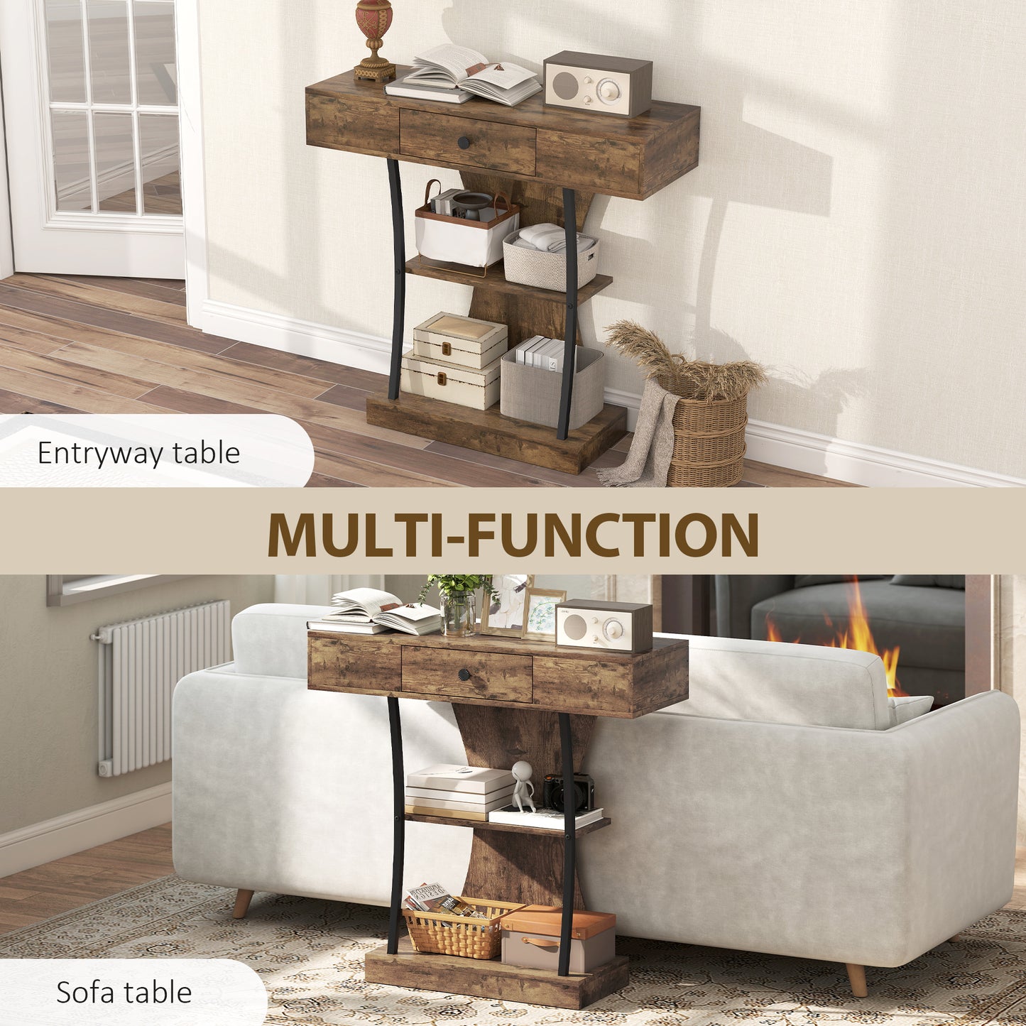 Industrial Console Table & Hallway Table | Drawer | 2 Open Shelves | Anti-Tip | 91x32x87cm | 45kg | Rustic Brown