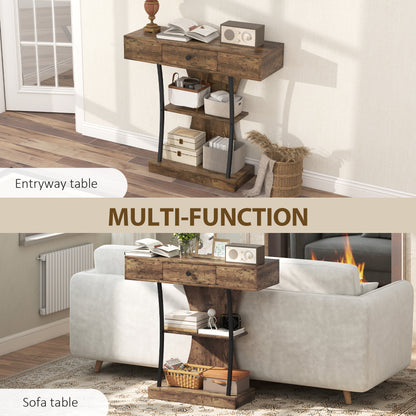Industrial Console Table & Hallway Table | Drawer | 2 Open Shelves | Anti-Tip | 91x32x87cm | 45kg | Rustic Brown