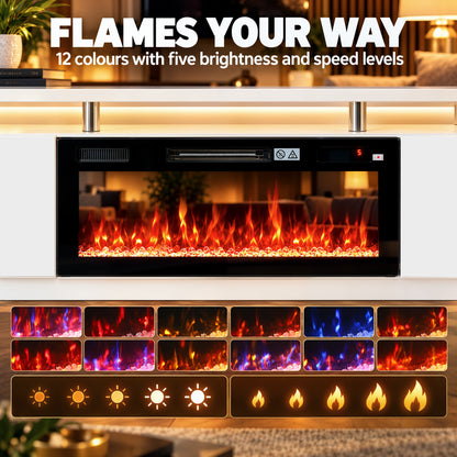 178cm Electric Fireplace TV Stand | Floating-Effect Top, LED Shelf & 2 Cabinets | 900/1800W, 12 Flame Colours, Remote & Timer | White