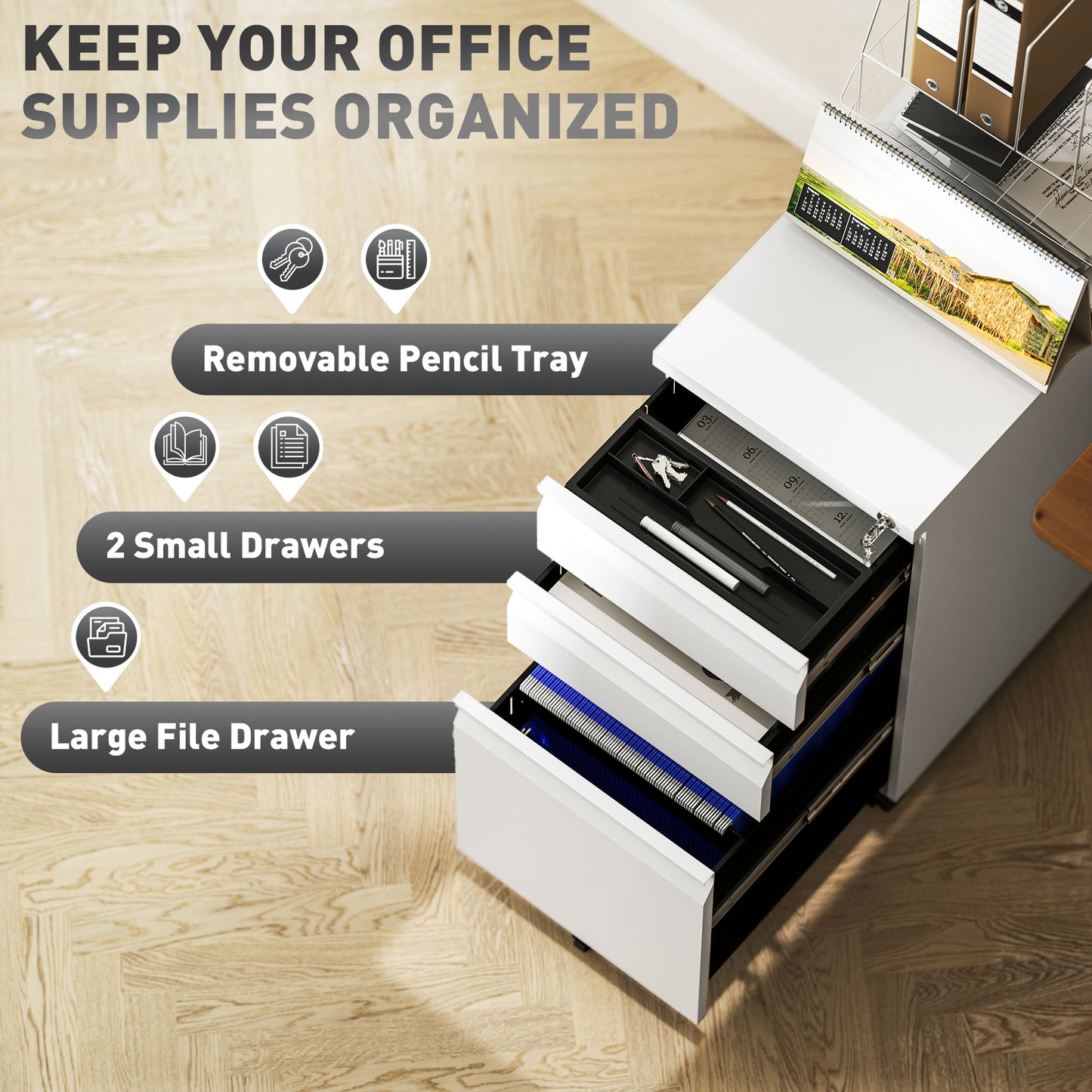 3 Drawer Slim Mobile Steel Filing Cabinet | Under Desk | 30x43.5x60cm | Lockable | A4 Legal Letter | Pencil Tray | 5 Casters Anti-Tip | Printer Stand | 30kg | White