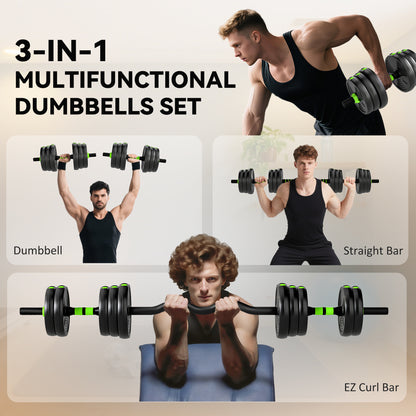 SPORTNOW 3-in-1 Adjustable Dumbbell Barbell & EZ Curl Bar Set | Black & Green | 15kg 20kg 25kg | Sand-Filled PVC Plates | Spinlock Collars | Non-Slip Handles | 2.5cm Hole | Home Gym
