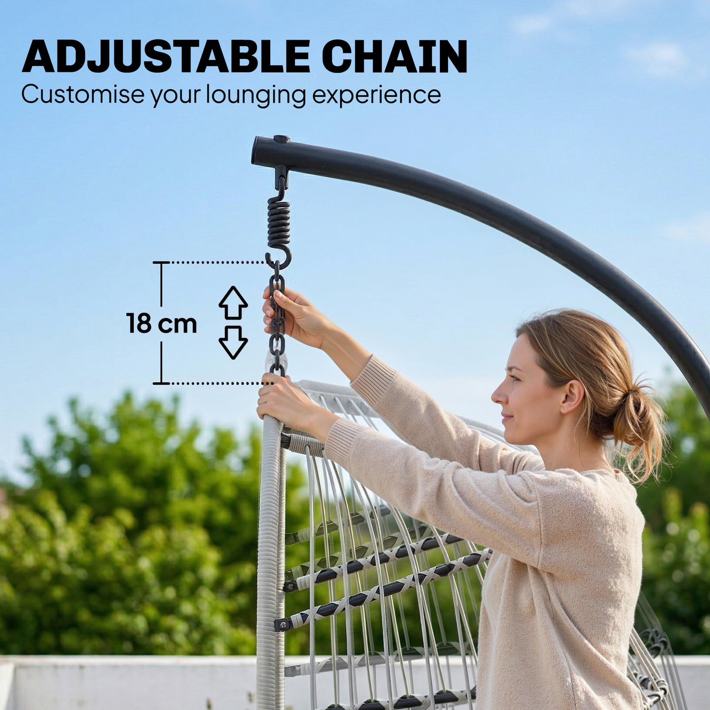 Hanging Egg Chair with Stand | 15cm Cushion, Headrest & Safety Strap | Foldable | 120kg | Light Grey