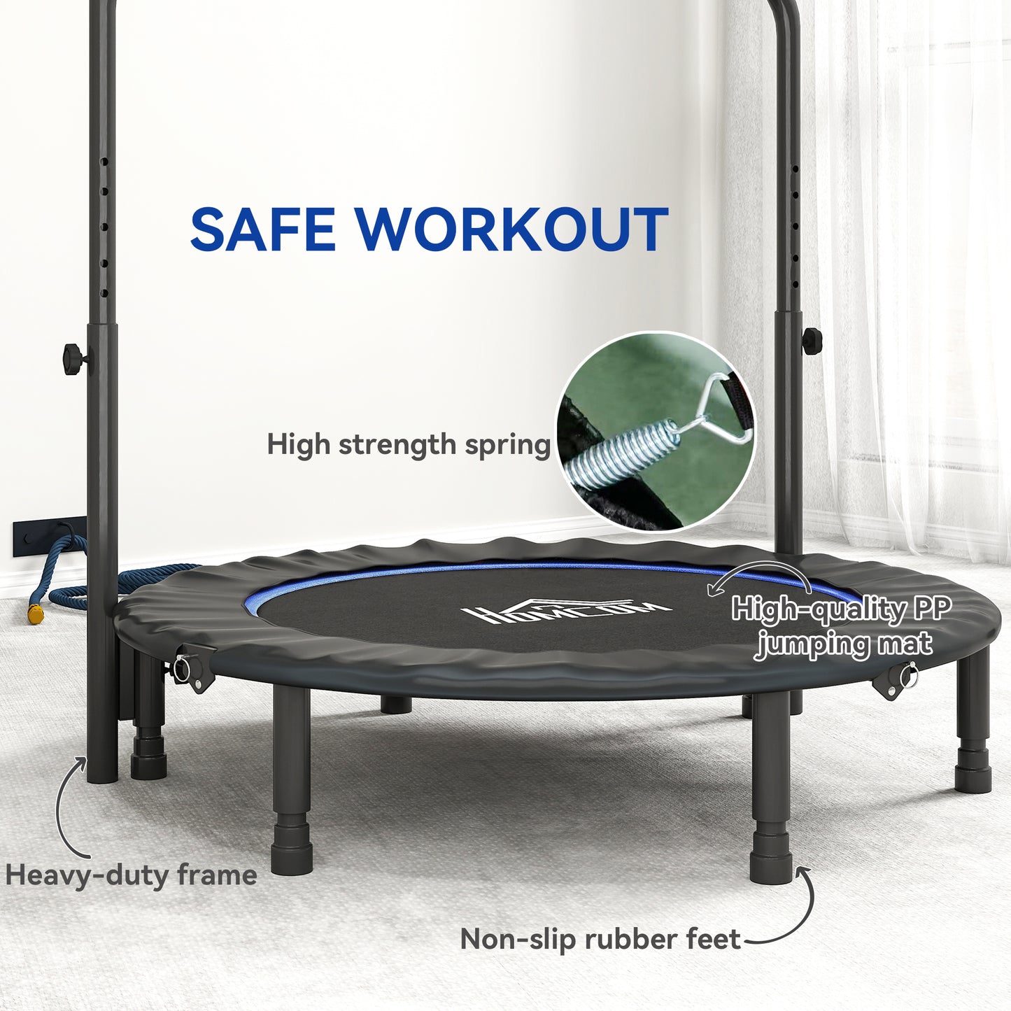 45" Foldable Mini Fitness Trampoline, with Adjustable Foam Handle, Blue / Orange / Pink