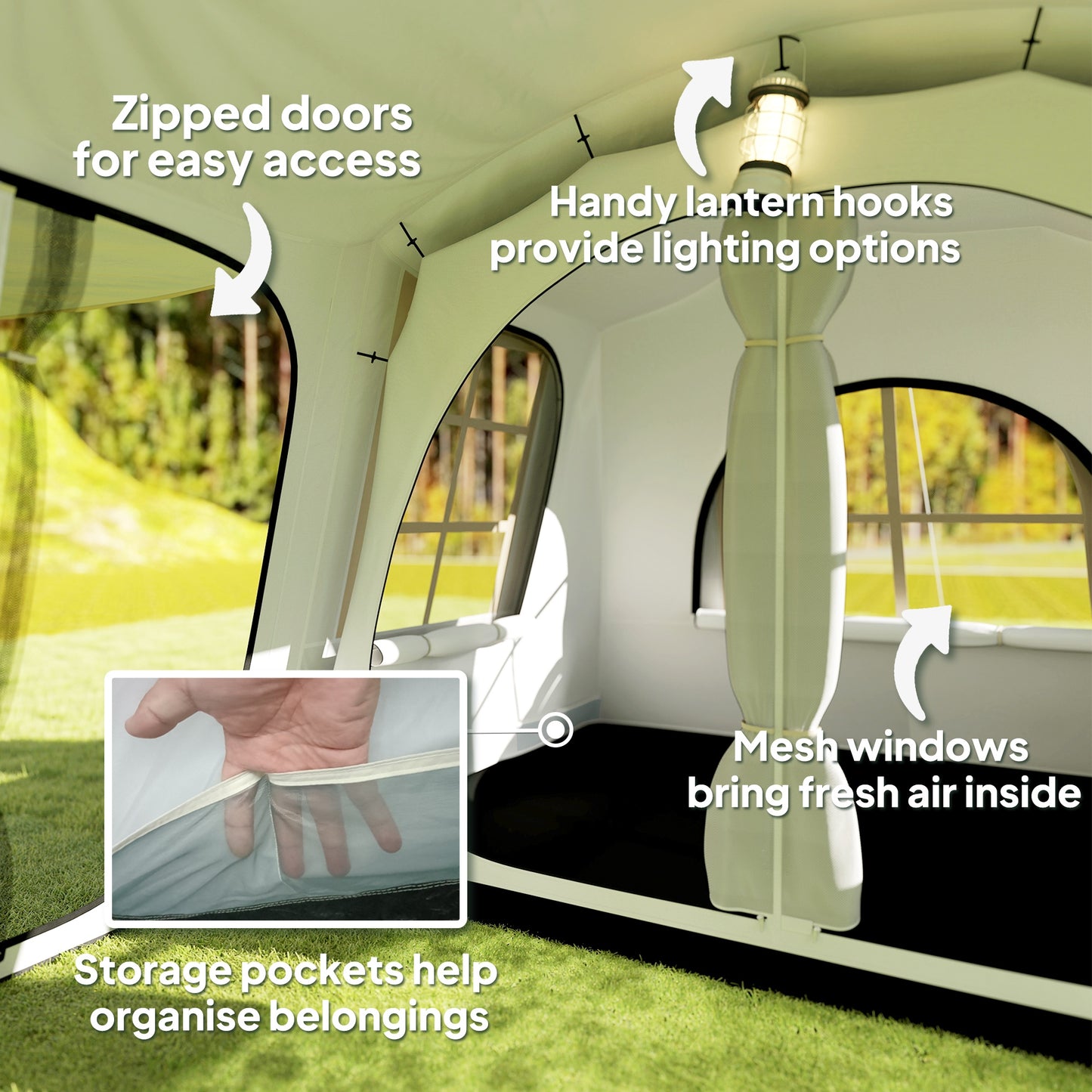 3-4 Man Tunnel Tent, Family Camping Tent with Porch, Bedroom and Living Area, Sewn in Groundsheet, 3000mm Waterproof, Portable with Bag - Khaki