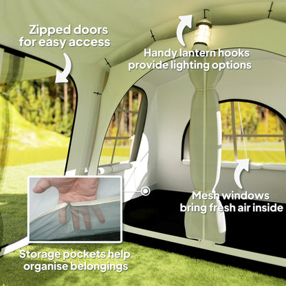 3-4 Man Tunnel Tent, Family Camping Tent with Porch, Bedroom and Living Area, Sewn in Groundsheet, 3000mm Waterproof, Portable with Bag - Khaki