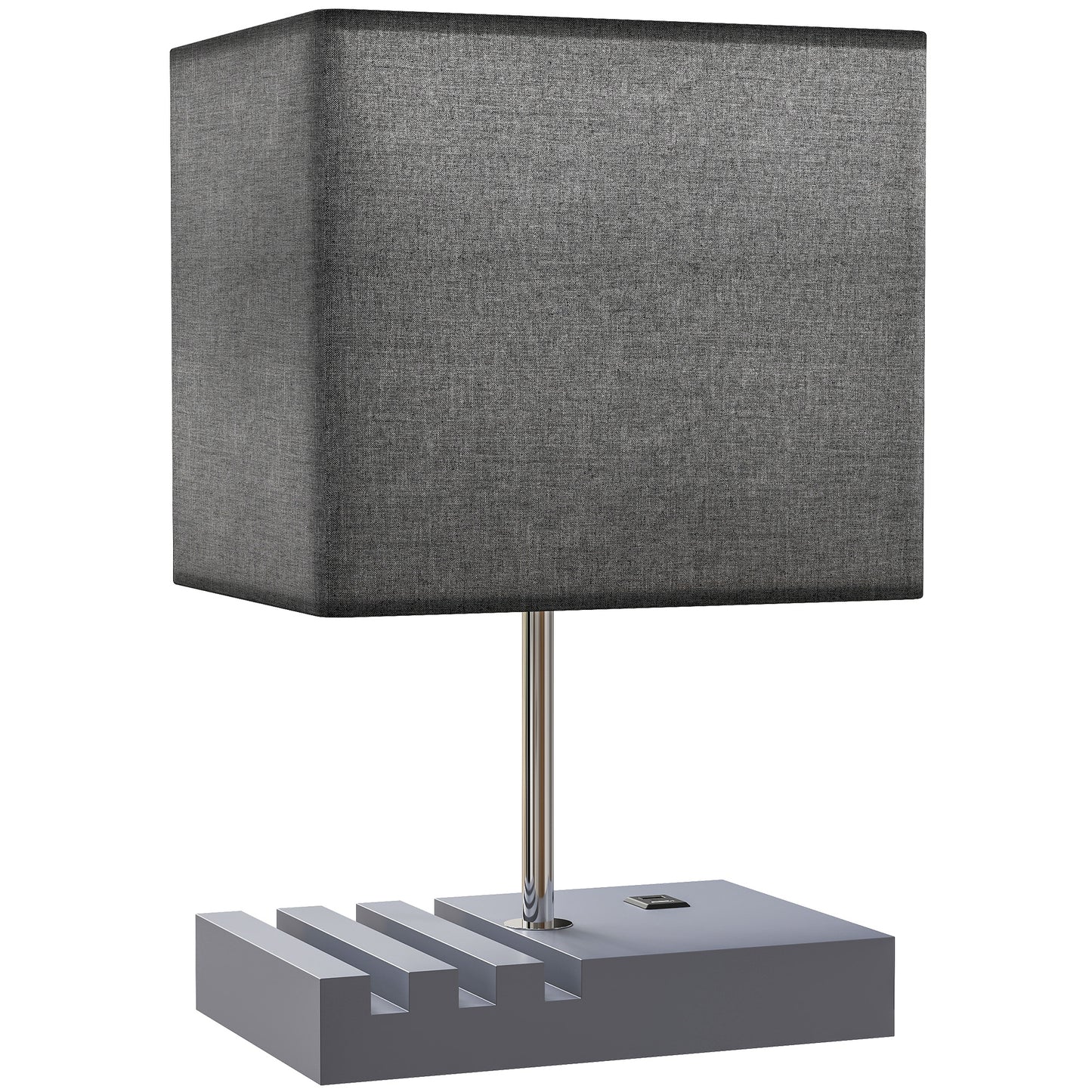 Bedside Table Lamp with USB-A & USB-C Charging Ports | 3 Device Organiser Slots | Solid Wood Base | TC Fabric Shade | Rocker Switch | E27 Max 40W | 1.5m Cable | 25x20x40.5cm | Bulb Not Included | Grey