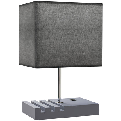 Bedside Table Lamp with USB-A & USB-C Charging Ports | 3 Device Organiser Slots | Solid Wood Base | TC Fabric Shade | Rocker Switch | E27 Max 40W | 1.5m Cable | 25x20x40.5cm | Bulb Not Included | Grey