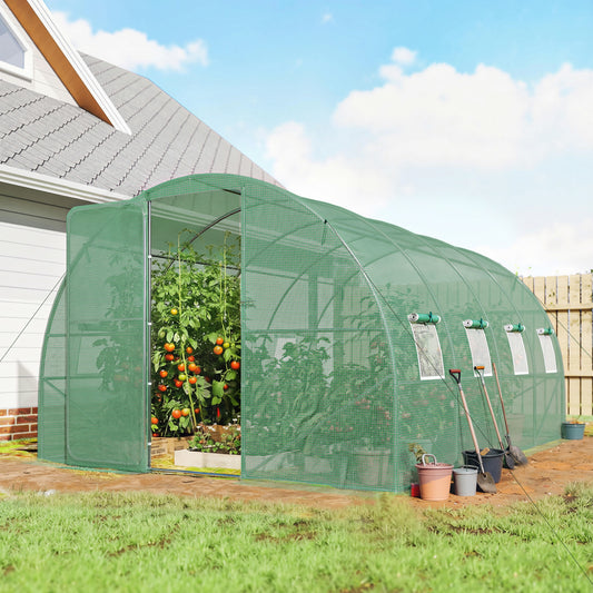 3 x 4 m Walk-in Polytunnel Greenhouse with Hinged Door and 8 Roll Up Mesh Windows, Garden Tunnel Warm House Tent, Green
