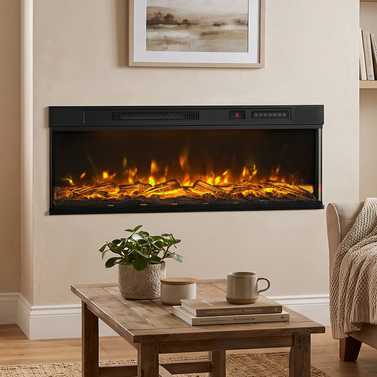 127cm Electric Fireplace Insert | 3-Sided Panoramic Log Effect | 900/1800W, 12 Colours, Remote & Timer | Black