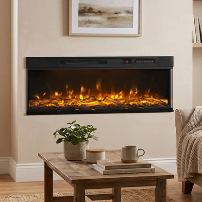 127cm Electric Fireplace Insert | 3-Sided Panoramic Log Effect | 900/1800W, 12 Colours, Remote & Timer | Black