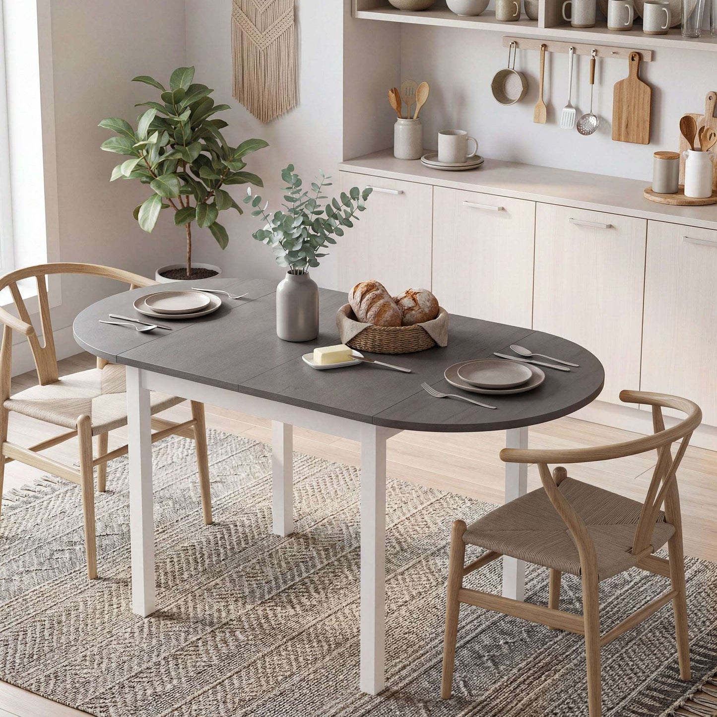 4-6 Person Drop-Leaf Extending Dining Table | Pine Wood | 3 Configurations | Folds to 80cm or Extends to 140cm | 50kg Capacity | Foot Pads | Grey & White