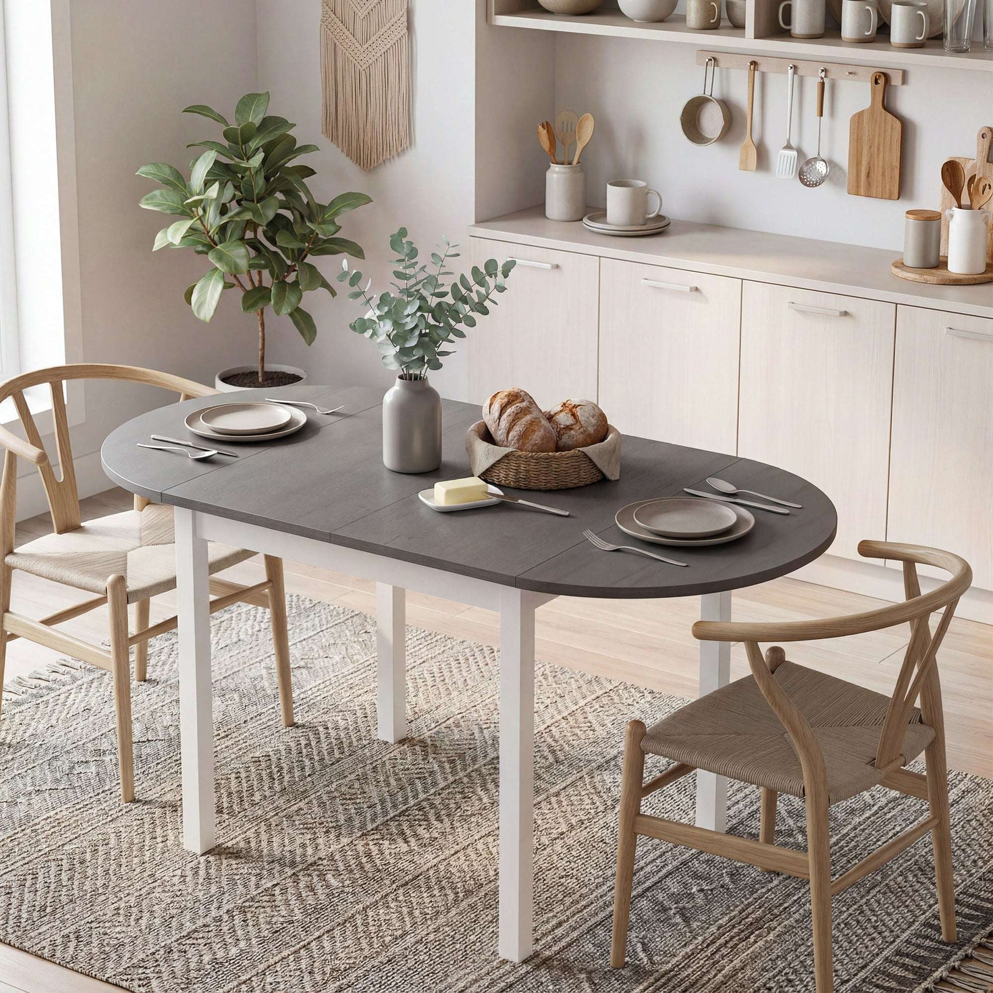 4-6 Person Drop-Leaf Extending Dining Table | Pine Wood | 3 Configurations | Folds to 80cm or Extends to 140cm | 50kg Capacity | Foot Pads | Grey & White