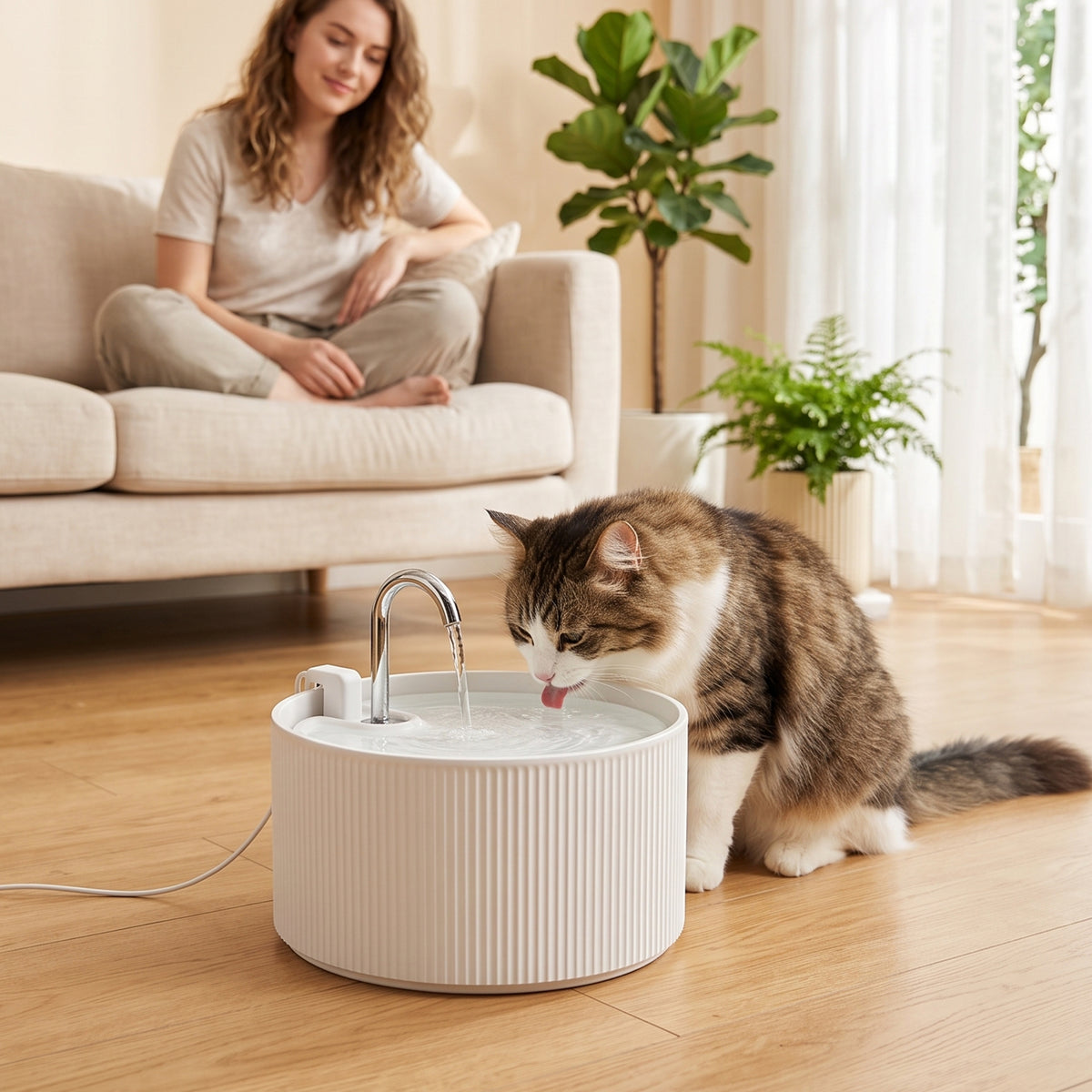 Ceramic Cat Water Fountain 2.2L | BPA-Free Dishwasher-Safe | Tap-Style Flow & Bubbling Mode | 4-Layer Filtration | Under 20dB Ultra-Quiet Pump | White | 20x21x20cm | For Cats & Dogs