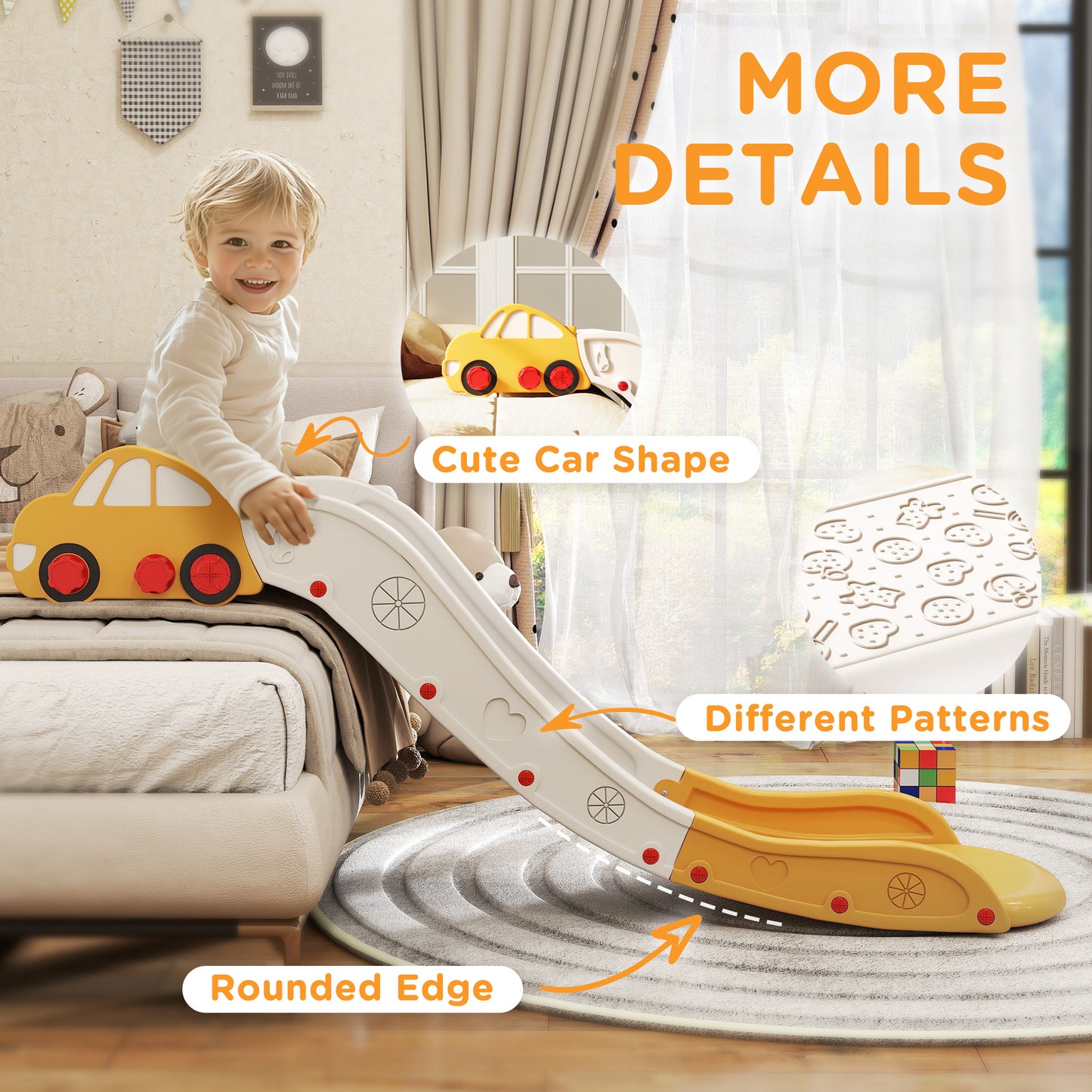 AIYAPLAY Kids Slide for Bed, Sofa, with Extended Length, Easy to assemble and Store, Yellow / Pink / Grey