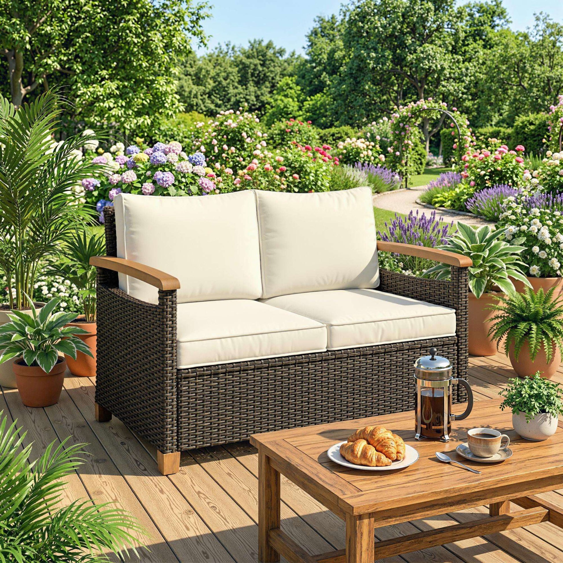 2 Seater Rattan Garden Sofa | Acacia Wood Armrests | Thick Cushions | Powder Coated Steel | Adjustable Feet | 124x74x79cm | 240kg | Brown