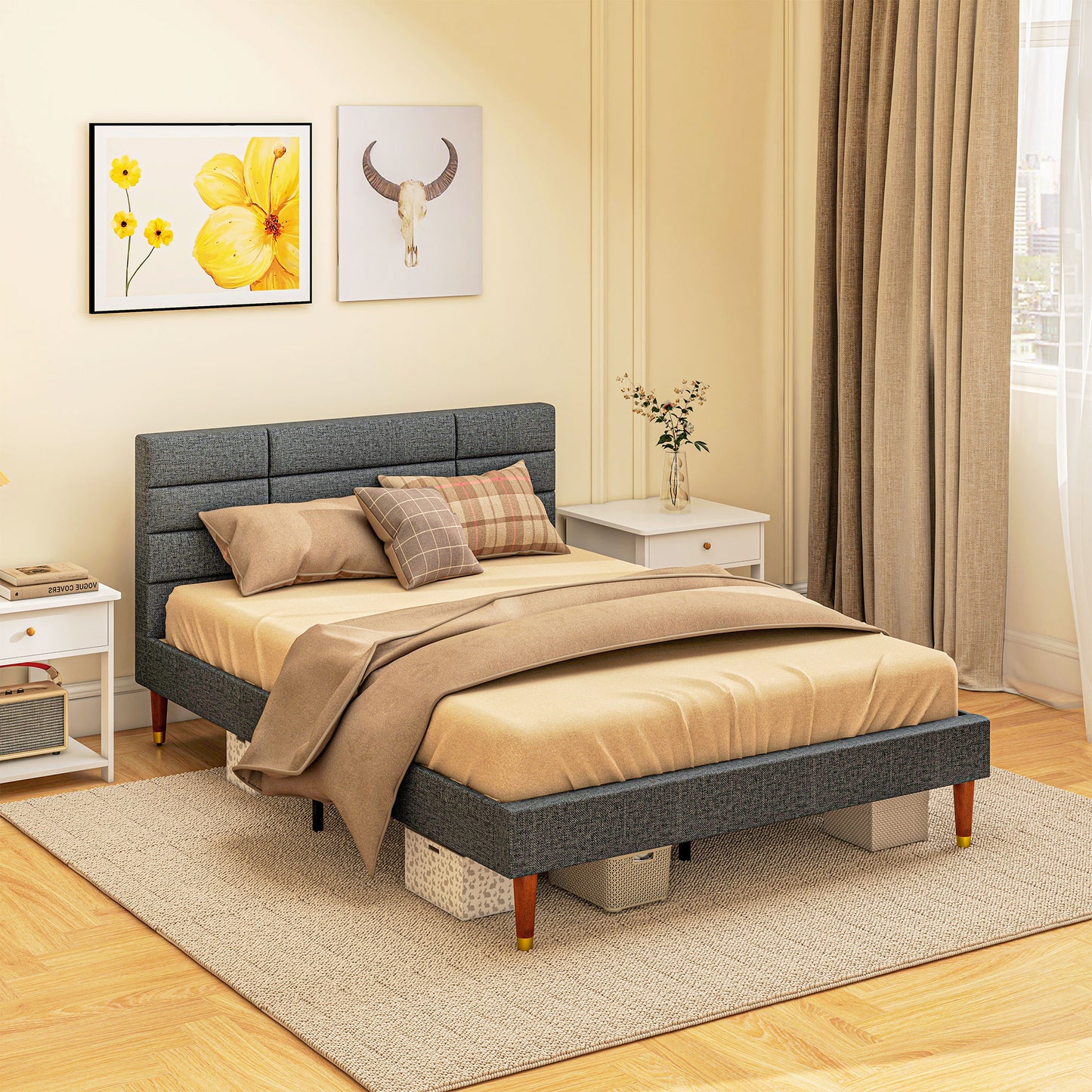 4 ft 5 Upholstered Double Platform Bed Frame with Underbed Storage Tufted Headboard Wood Slat No Box Spring Needed