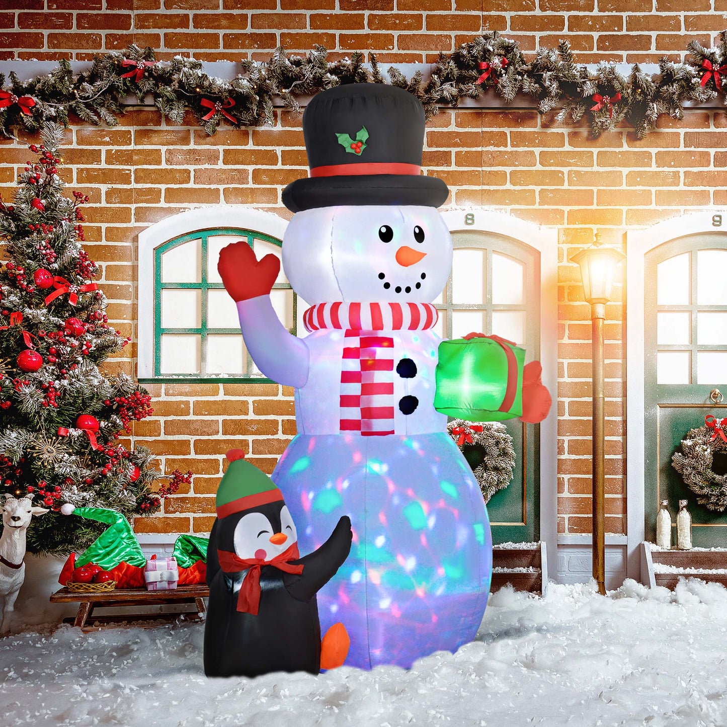 Outsunny 8FT Christmas Inflatable Snowman Holding Gift Box W/ Penguin, Blow Up W/ Rotating Colorful LED Light for Indoor, Outdoor