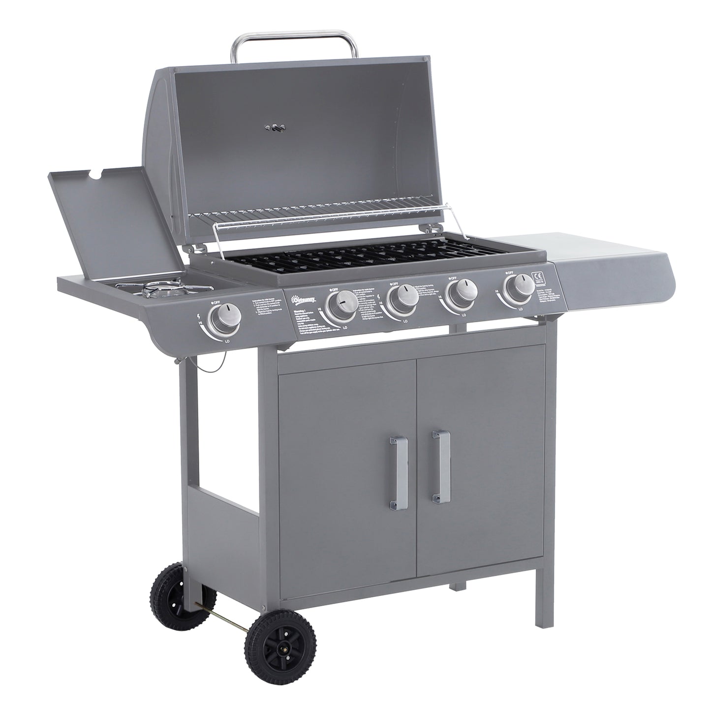 4+1 Burner Gas BBQ Grill, Outdoor Barbecue Trolley with Wheels, Warming Rack, Side Shelves, Cabinet, Thermometer for Garden, Party, Camping