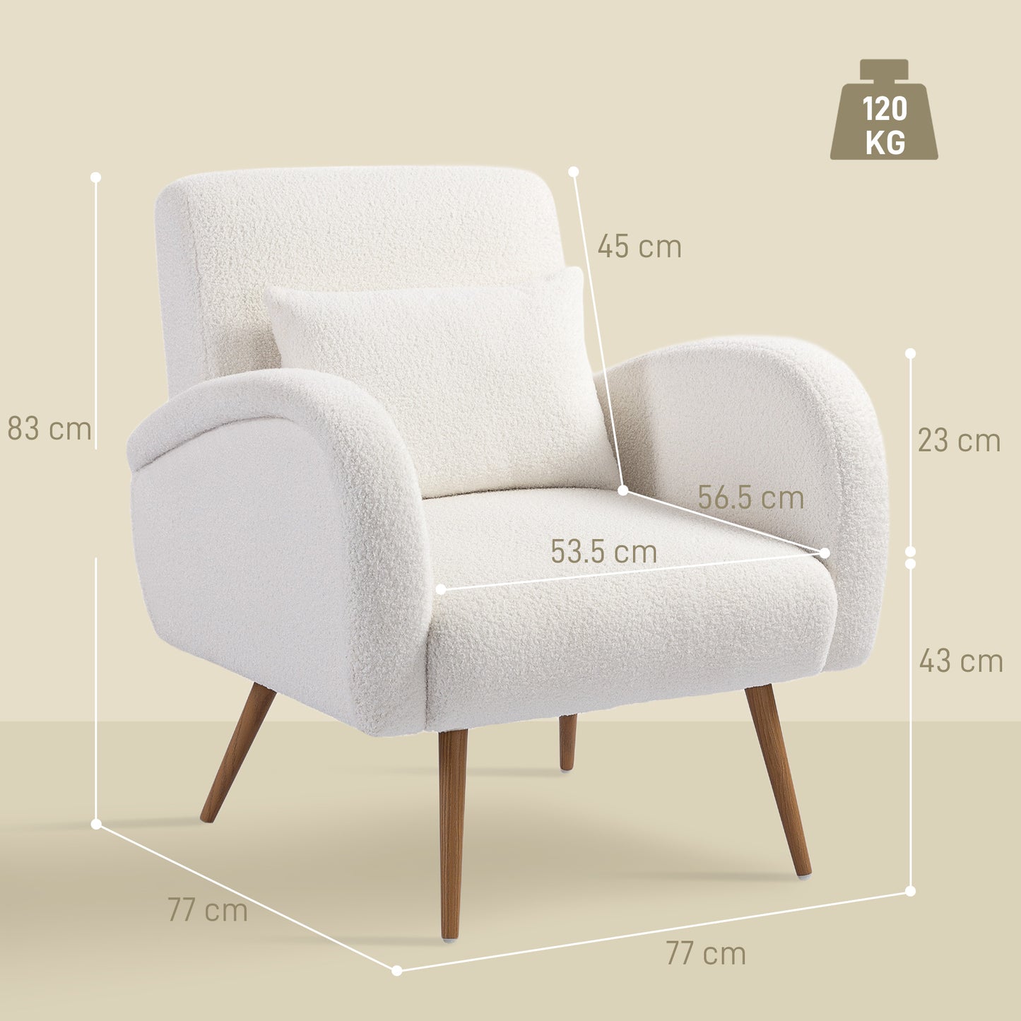 Teddy Fleece Accent Chair | High-Resilience Foam | Removable Lumbar Pillow | Metal Legs | 120kg | Cream White