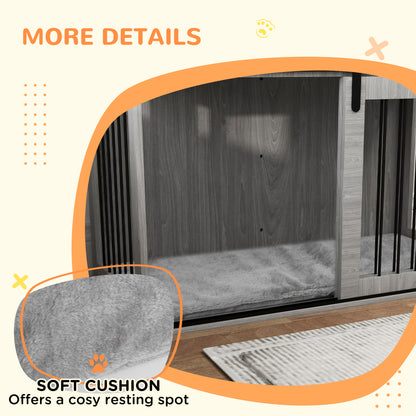 Dog Crate Furniture Side Table | Barn Door | Removable Washable Cushion | 3-Sided Ventilation | Large Dogs up to 30kg | 100 x 60 x 61cm | Grey