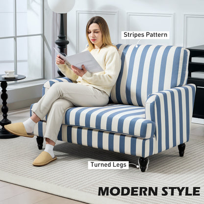 Modern Accent Chair, Velvet Armchair with Stripe, Turned Legs and Wide Seat, Upholstered Snuggle Chair for Living Room, Bedroom, Blue and White
