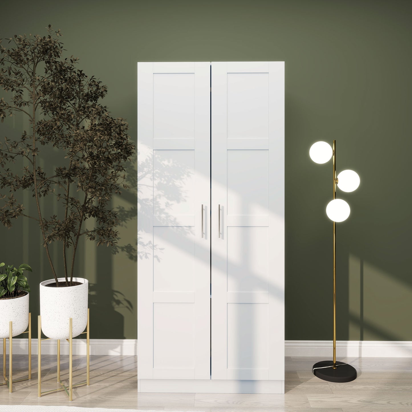 Double Paneled Door Wardrobe, with Shelves - White